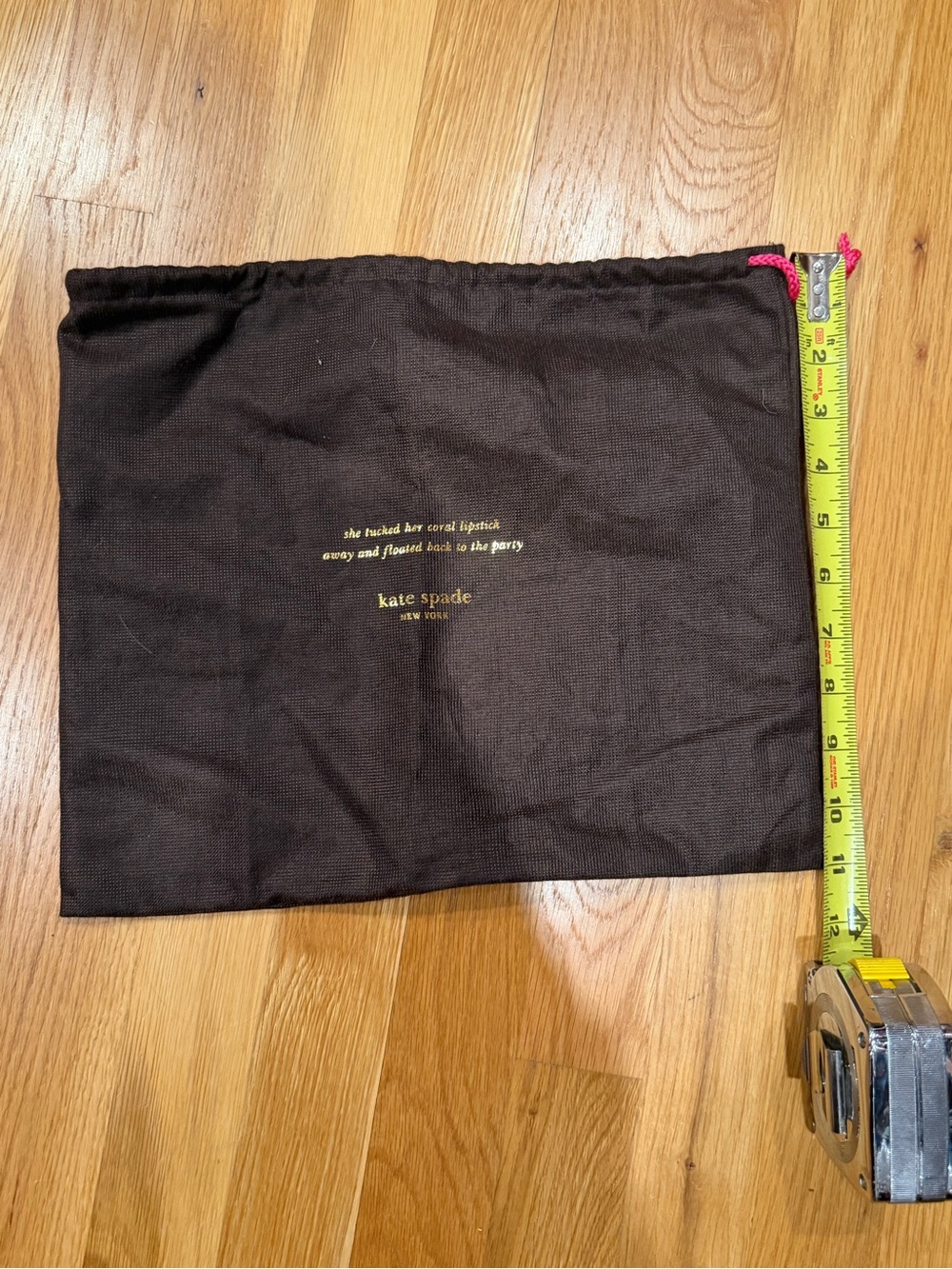 kate spade brown dust bag gold logo and pink drawstring 11"x13"